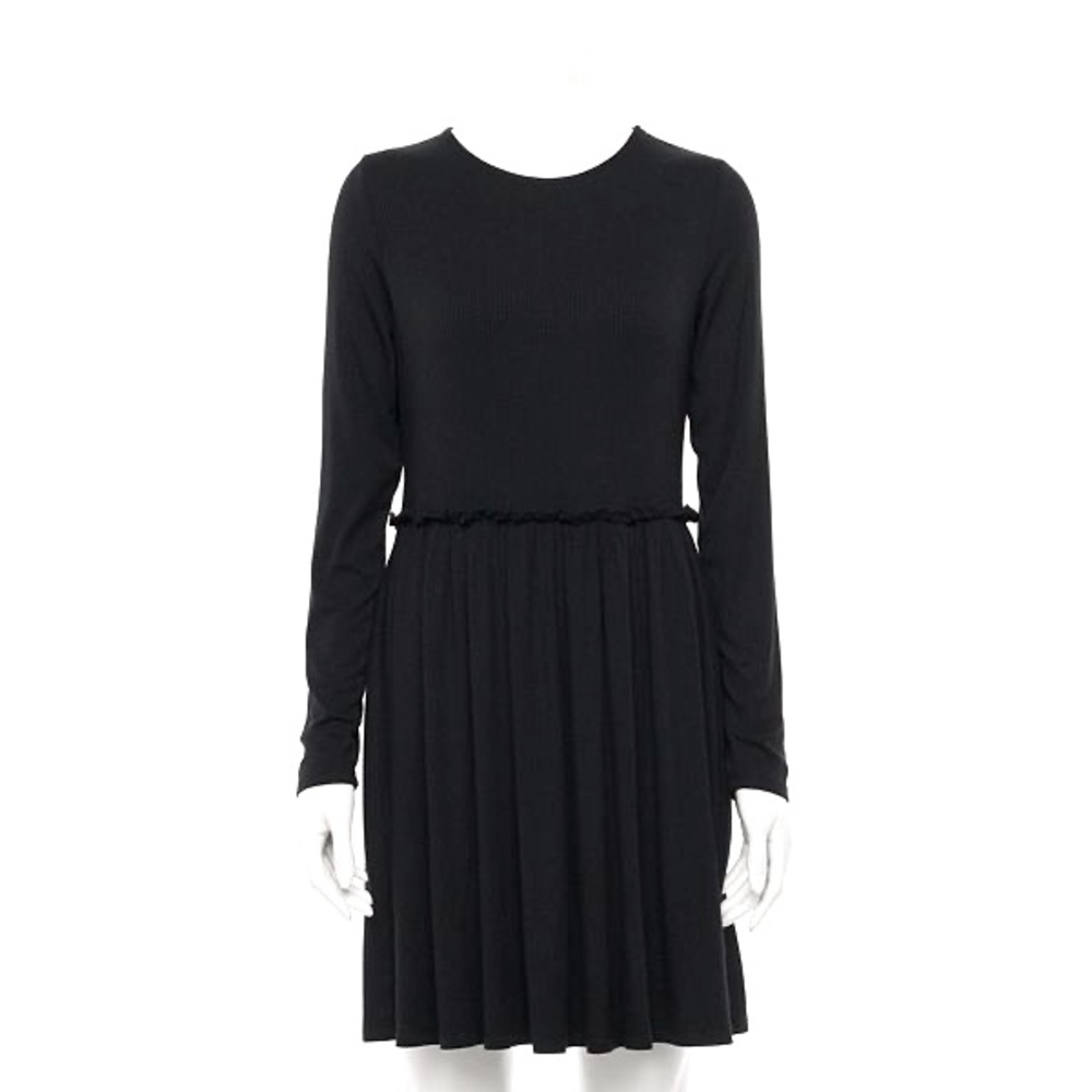 Little Black Dress Long Sleeve Ribbed Stretchy Baby Doll Mini Dress